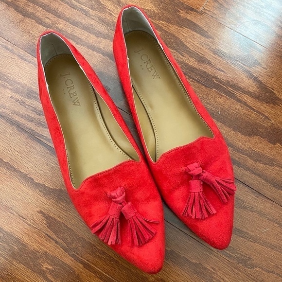 J. Crew Red Edie MicroSuede Tassel Loafer Flats, 6 - Picture 1 of 14